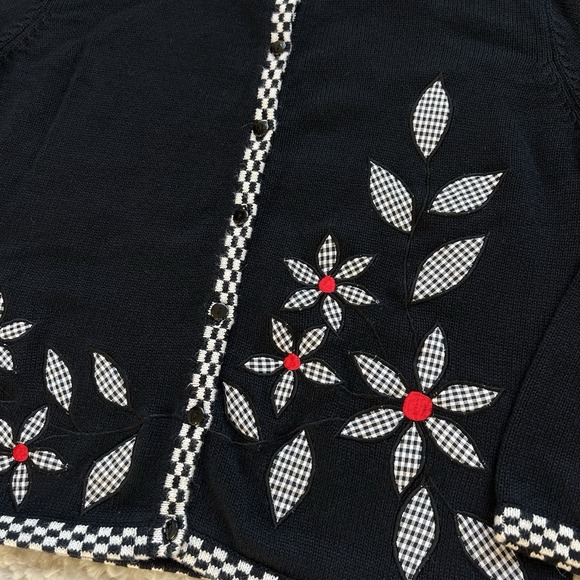 Vtg Marisa Christina Knit Cardigan Sweater Black & White Checker Floral Granny M - Picture 2 of 6